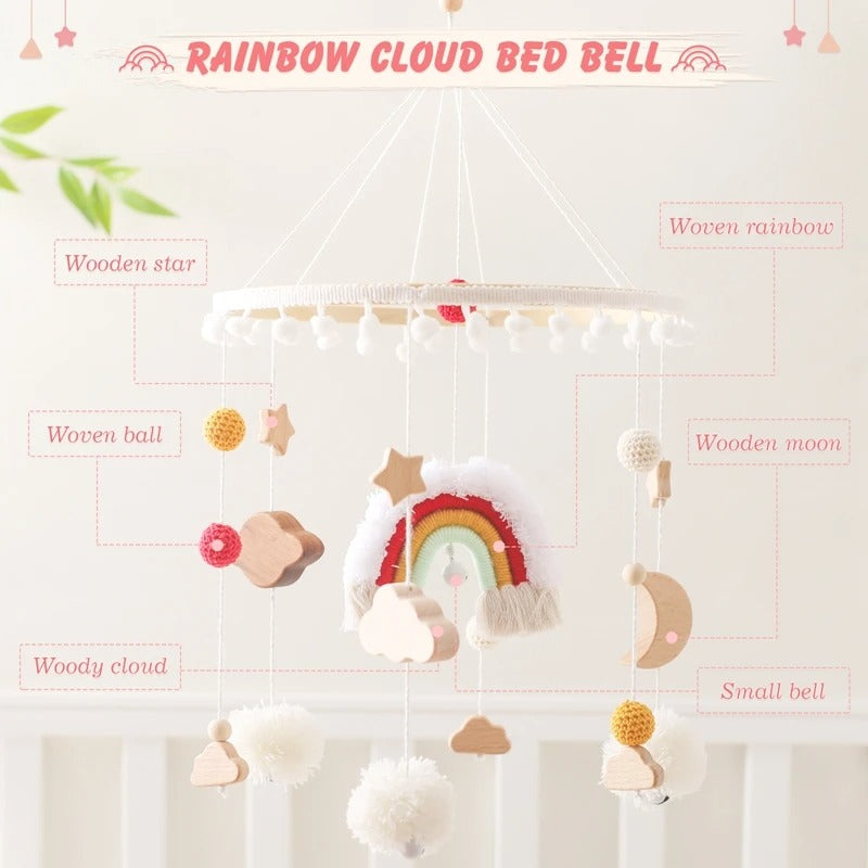 Rainbow Clouds Hanging Bed Bell, Wooden Baby Cot Mobile for 0-12 Months.