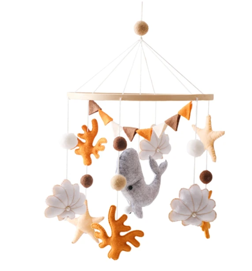 Blue & Orange Whale, Handmade Baby Mobile Wooden Bed Bell