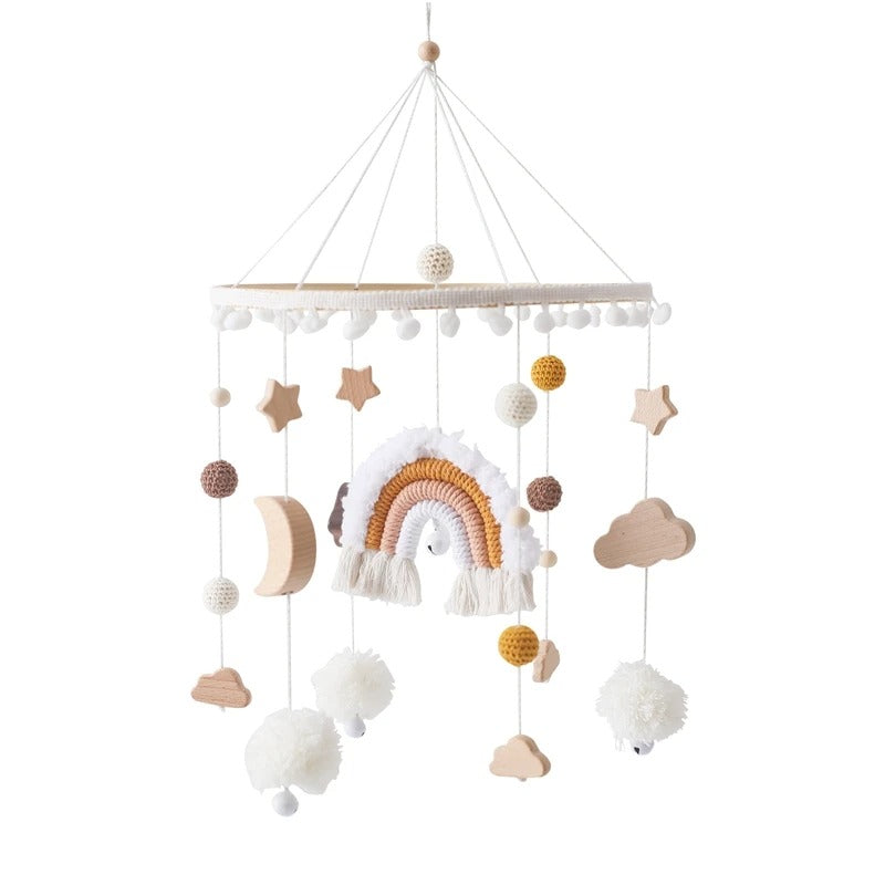 Rainbow Clouds Hanging Bed Bell, Wooden Baby Cot Mobile for 0-12 Months.