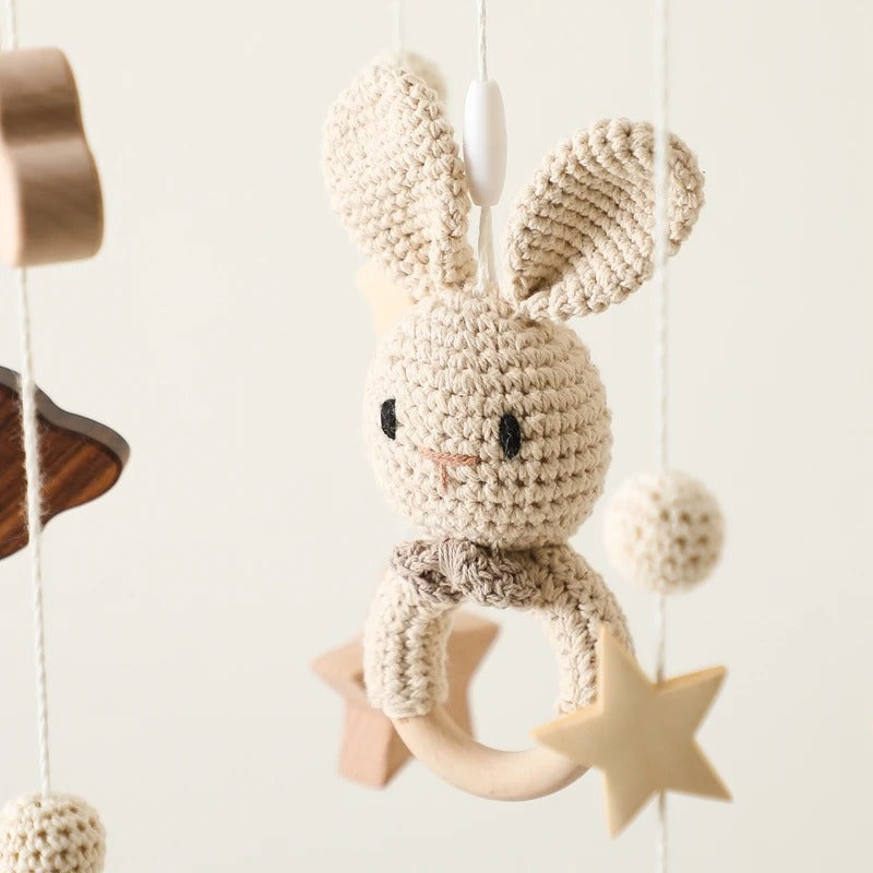 Baby Wooden Crib Mobile with Cartoon Rabbit Bells – Hanging Rattles Toy Holder and Arm Bracket, Perfect Gift for Kids
