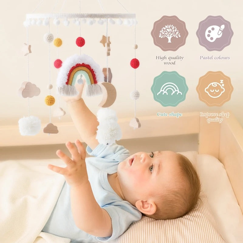 Rainbow Clouds Hanging Bed Bell, Wooden Baby Cot Mobile for 0-12 Months.