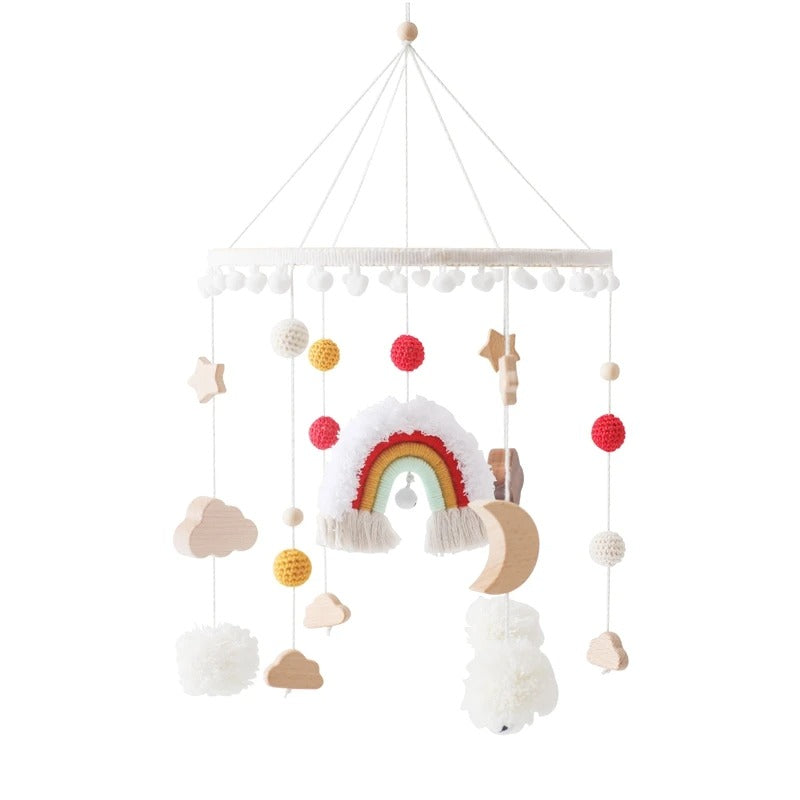 Rainbow Clouds Hanging Bed Bell, Wooden Baby Cot Mobile for 0-12 Months.
