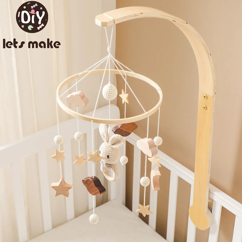 Baby Wooden Crib Mobile with Cartoon Rabbit Bells – Hanging Rattles Toy Holder and Arm Bracket, Perfect Gift for Kids