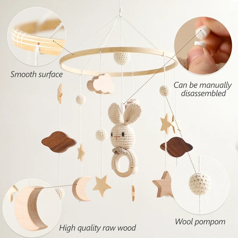 Baby Wooden Crib Mobile with Cartoon Rabbit Bells – Hanging Rattles Toy Holder and Arm Bracket, Perfect Gift for Kids