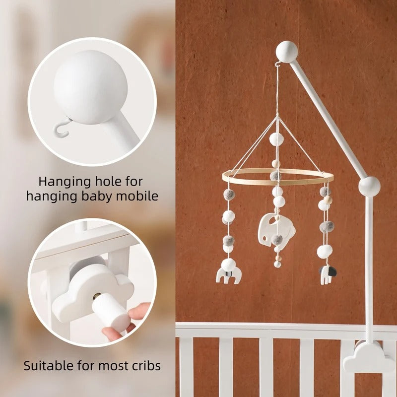 White Wooden Baby Crib Mobile Hanger With Cloud Music Box