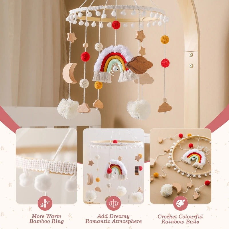 Rainbow Clouds Hanging Bed Bell, Wooden Baby Cot Mobile for 0-12 Months.