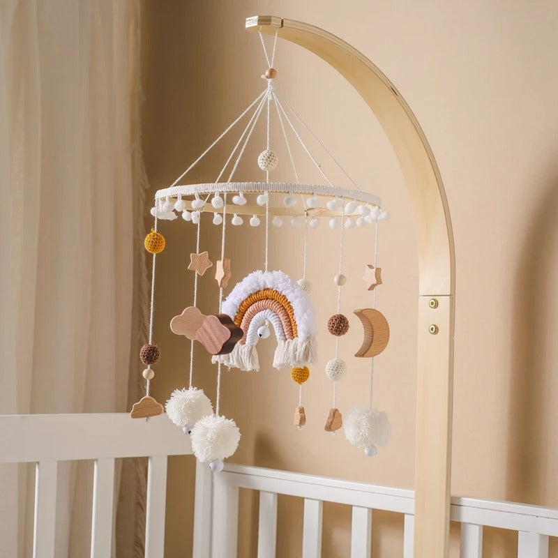 Rainbow Clouds Hanging Bed Bell, Wooden Baby Cot Mobile for 0-12 Months.