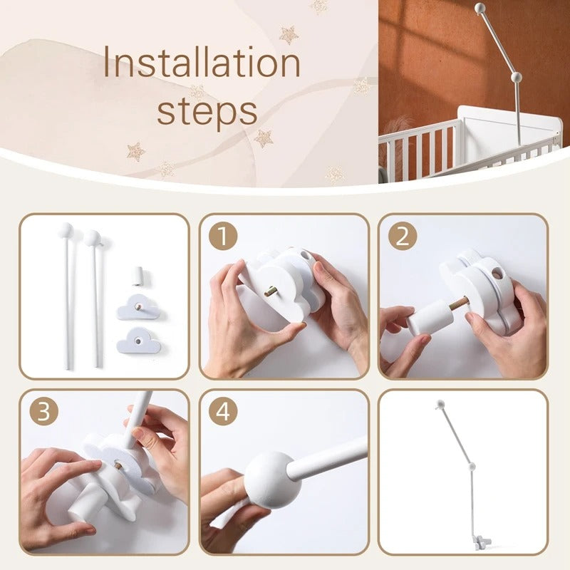 White Wooden Baby Crib Mobile Hanger With Cloud Music Box
