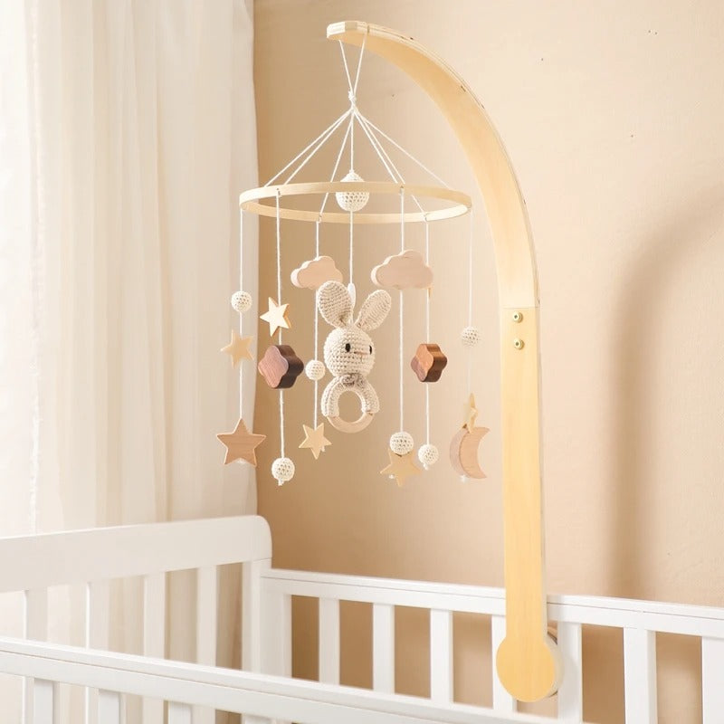 Baby Wooden Crib Mobile with Cartoon Rabbit Bells – Hanging Rattles Toy Holder and Arm Bracket, Perfect Gift for Kids