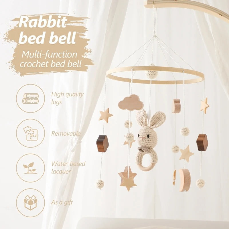 Baby Wooden Crib Mobile with Cartoon Rabbit Bells – Hanging Rattles Toy Holder and Arm Bracket, Perfect Gift for Kids