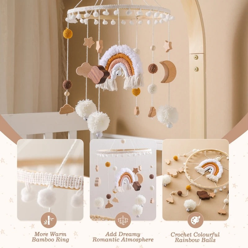 Rainbow Clouds Hanging Bed Bell, Wooden Baby Cot Mobile for 0-12 Months.