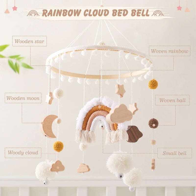 Rainbow Clouds Hanging Bed Bell, Wooden Baby Cot Mobile for 0-12 Months.