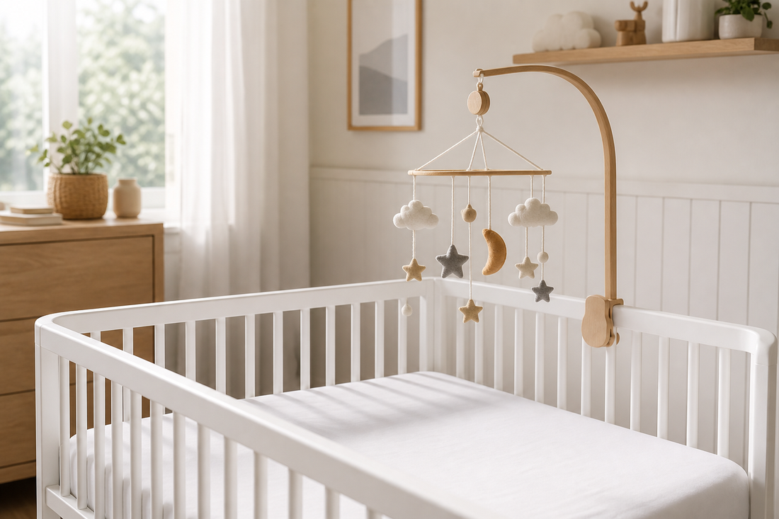 Secure baby crib mobile above a clear newborn crib in a soft modern nursery
