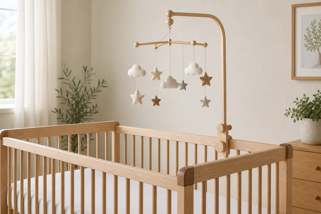 Secure baby mobile with tidy out-of-reach strings above a bare crib in a soft modern nursery