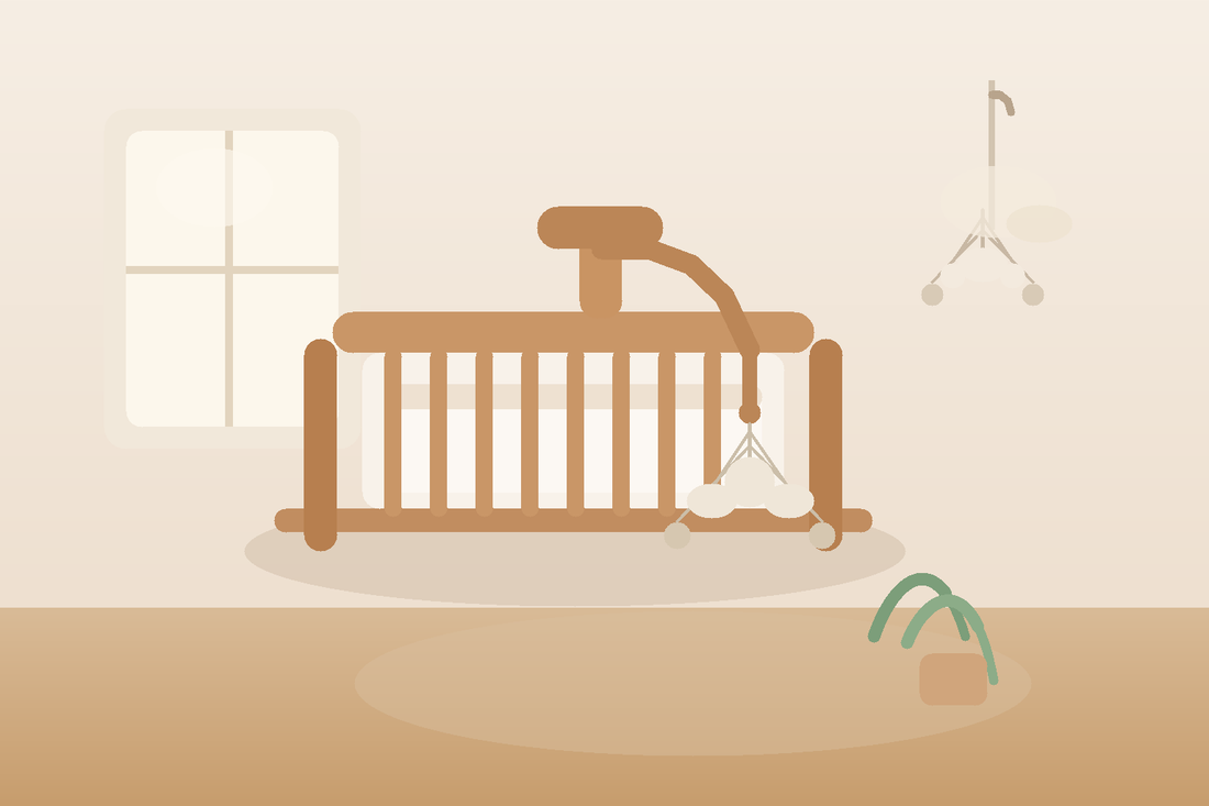 Soft modern nursery with a secure wooden mobile arm clamped to the crib rail and a separate ceiling hook mobile used as decor away from the bare sleep space