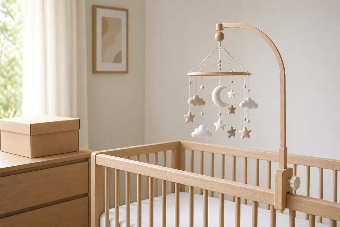 Soft modern nursery with a secure wooden baby mobile hanger above a bare crib and a calm neutral baby mobile in gentle daylight