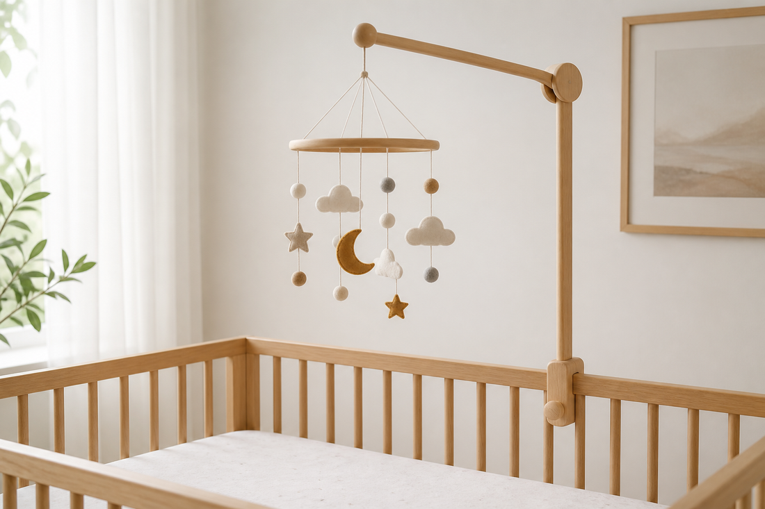 Wooden baby mobile hanger mounted on a crib rail above a bare crib in a calm modern nursery with gentle daylight