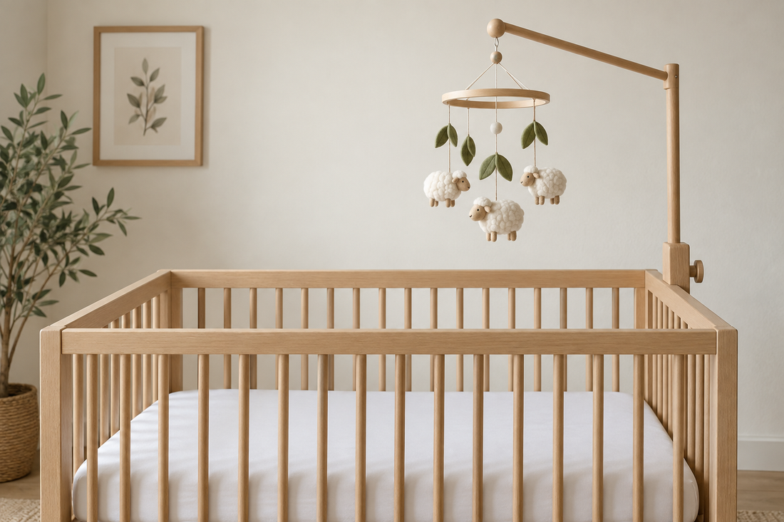 Ivory sheep and olive leaf mobile on a wooden arm above a bare oak crib in a softly lit nursery