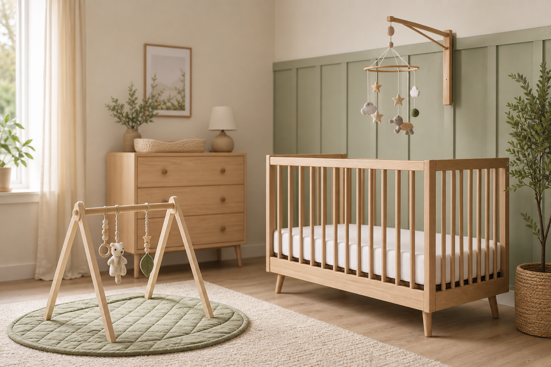 Soft modern nursery with a secure baby mobile above a bare crib and a separate wooden play gym on a quilted floor mat