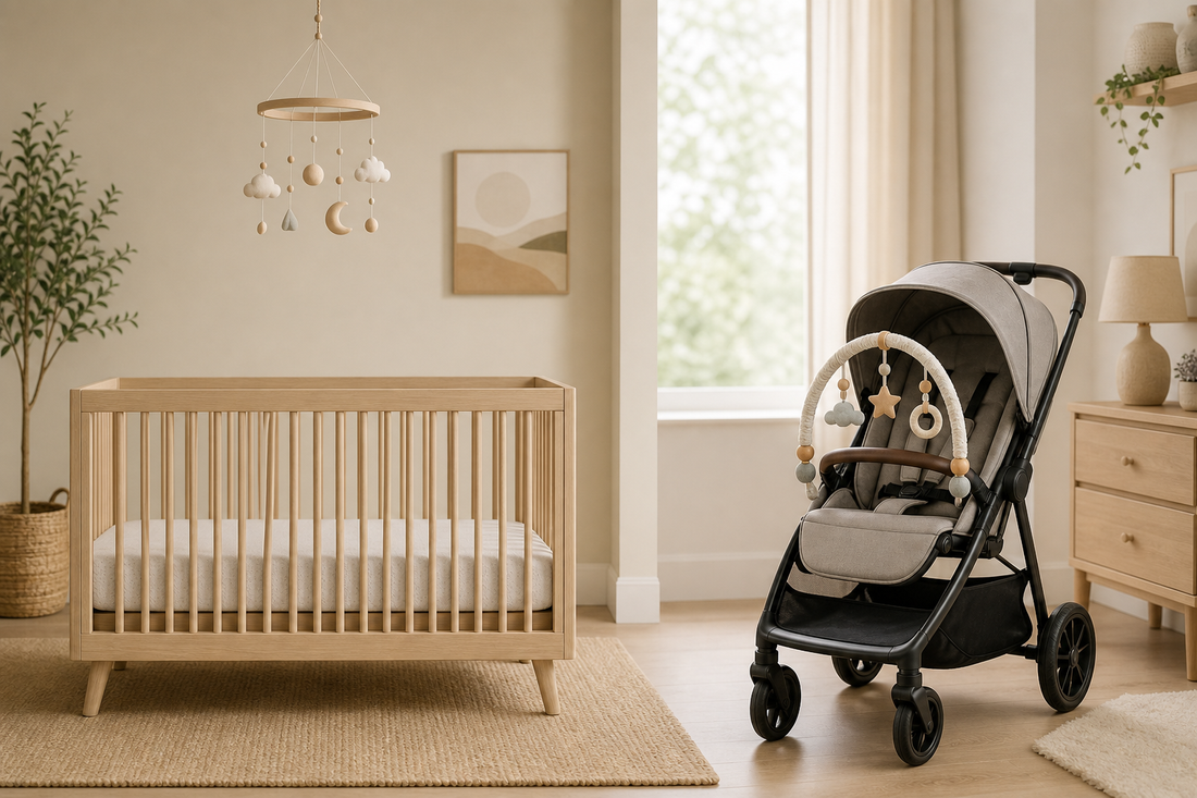Soft modern nursery comparing a crib mobile above a bare crib and a stroller activity arch on a stroller in gentle daylight