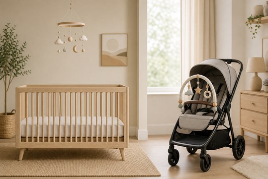 Soft modern nursery comparing a crib mobile above a bare crib and a stroller activity arch on a stroller in gentle daylight