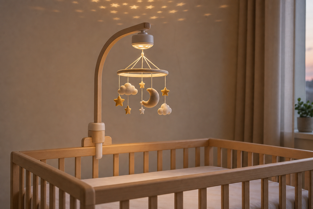 Soft modern nursery with a securely mounted baby mobile glowing with gentle warm lights above a bare crib
