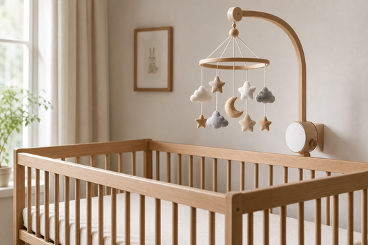 Soft modern nursery with a securely mounted musical baby mobile hanging high above a bare crib in gentle daylight