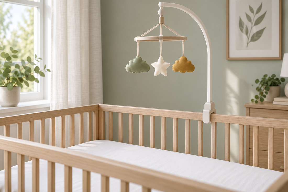 Sage and ochre cloud shapes and a cream star hanging high above a bare oak crib on an ivory mobile arm