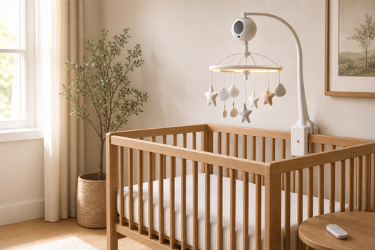 Soft modern nursery with a feature-rich baby mobile mounted high above a bare crib and a small remote resting on a nearby side table