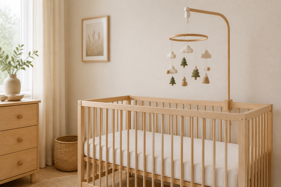Natural wood crib in a soft modern nursery with a neutral baby mobile hanging high above the mattress in gentle daylight