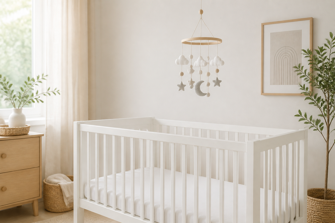 White crib in a soft modern nursery with a neutral baby mobile hanging high above the mattress in gentle daylight