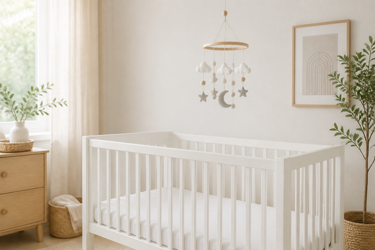 White crib in a soft modern nursery with a neutral baby mobile hanging high above the mattress in gentle daylight