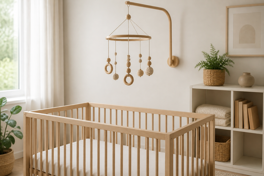 Wooden baby rattle mobile hanging above a bare crib beside a nursery shelf in a calm neutral nursery