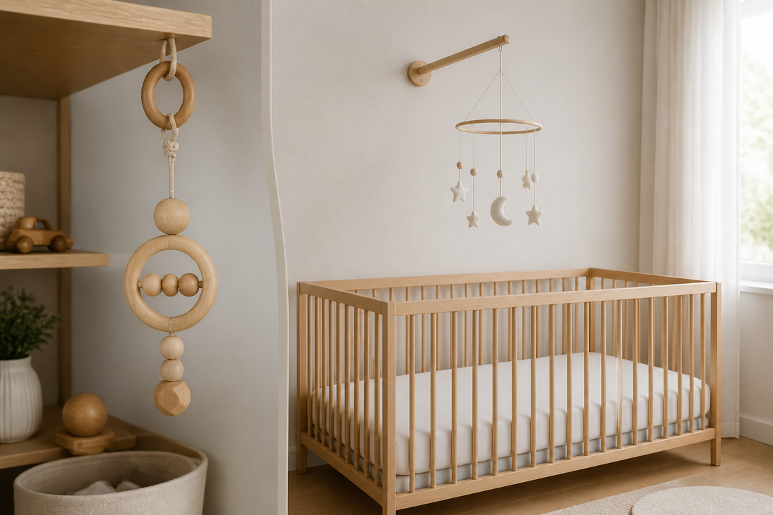 Soft nursery shelf and crib-side scene with a wooden hanging rattle toy beside a simple crib mobile in a calm neutral nursery