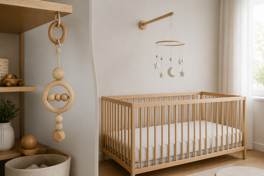 Soft nursery shelf and crib-side scene with a wooden hanging rattle toy beside a simple crib mobile in a calm neutral nursery