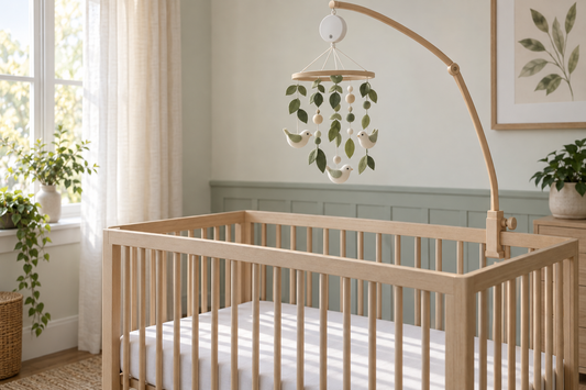 Sage and ivory bird mobile with an enclosed music unit mounted high above a bare oak crib