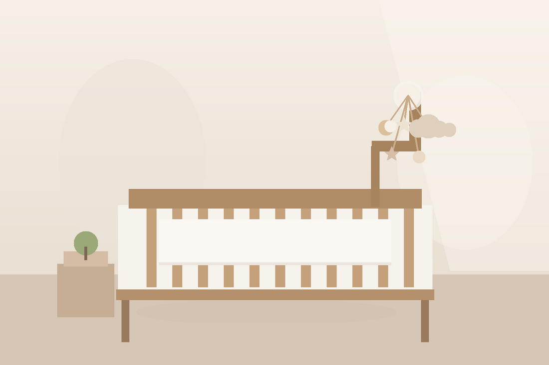 Soft modern nursery with a high-mounted moon and star baby mobile above a bare crib and gentle age-friendly shapes in warm daylight