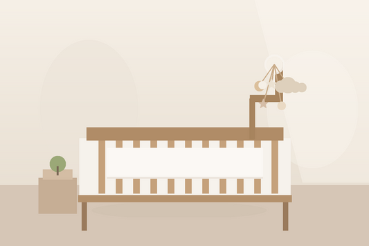 Soft modern nursery with a high-mounted moon and star baby mobile above a bare crib and gentle age-friendly shapes in warm daylight