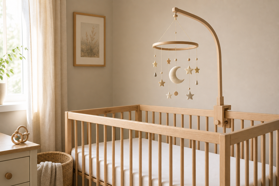 Empty crib with fitted sheet and a high-mounted simple baby mobile in a soft modern nursery, with a toy kept outside the sleep space