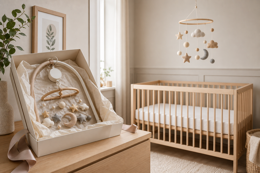 Soft neutral nursery gift scene with a boxed baby mobile beside a bare crib in gentle daylight
