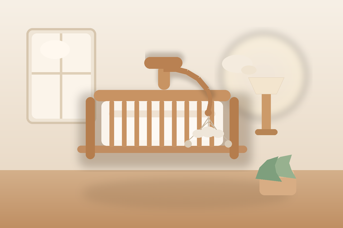 Soft modern nursery with a neutral baby mobile hanging high above a bare crib beside a warm lamp and gentle evening light