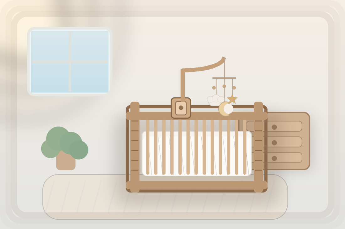 Convertible crib with fitted sheet and a wooden baby mobile hanger holding a neutral felt mobile high above the mattress in a soft modern nursery