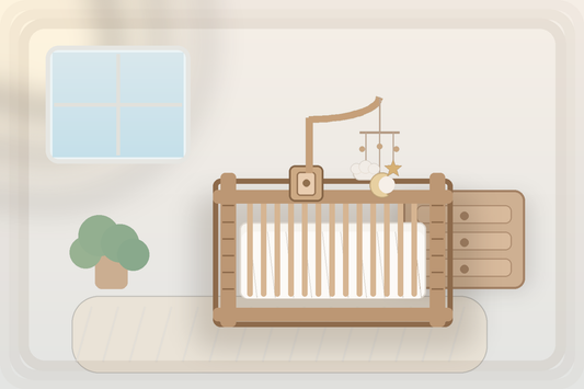 Convertible crib with fitted sheet and a wooden baby mobile hanger holding a neutral felt mobile high above the mattress in a soft modern nursery