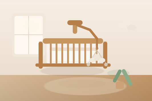Soft modern nursery with a secure clamp-on wooden baby mobile hanger above a bare crib and no wall or ceiling drilling