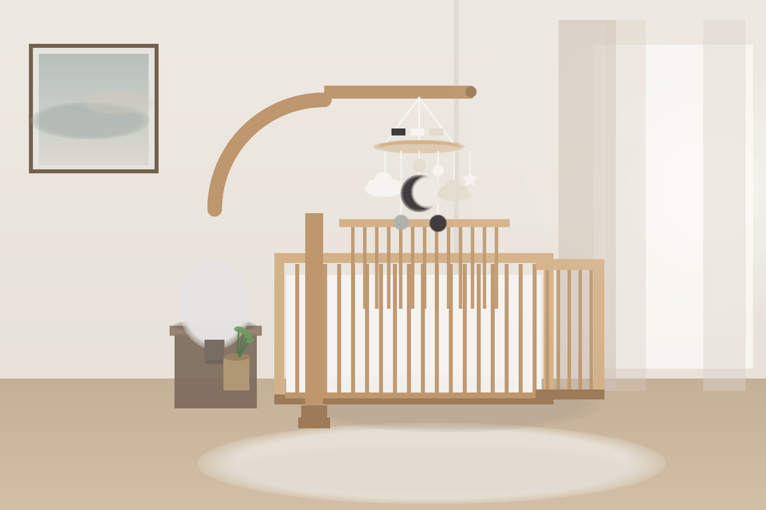 Soft modern nursery with a high-mounted baby mobile featuring bold black, white, and neutral shapes above a bare crib in gentle daylight