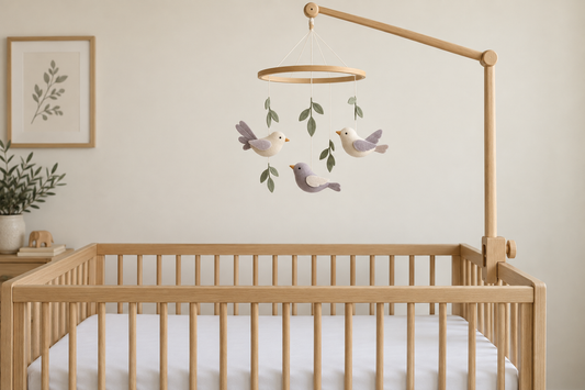 Cream and lavender bird mobile with sage leaves mounted high above a bare oak crib in a softly lit nursery
