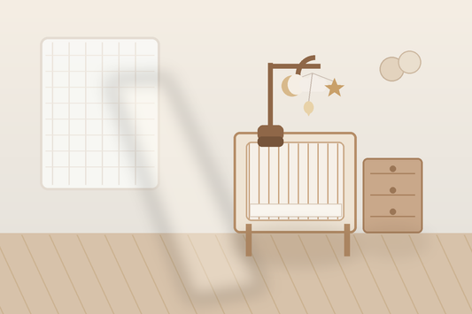 Soft modern small nursery with a compact wooden baby mobile hanger above a bare crib and airy felt shapes in warm daylight