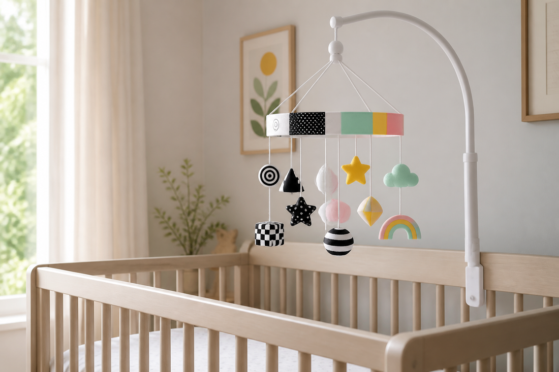 Soft modern nursery with a safe bare crib and a baby mobile showing simple black and white shapes beside gentle colorful accents in natural daylight