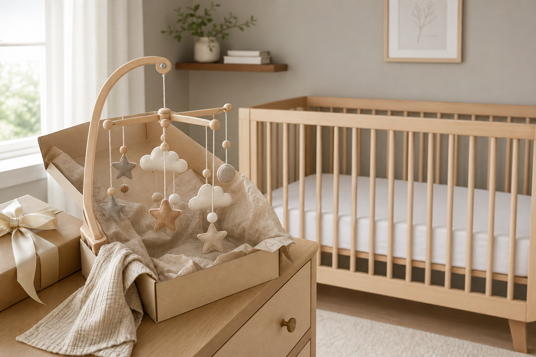 Gift-ready baby mobile and wooden hanger beside a bare crib in a soft neutral nursery