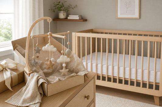 Gift-ready baby mobile and wooden hanger beside a bare crib in a soft neutral nursery
